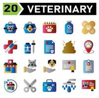 conjunto de ícones veterinários inclui portador, veterinário, animal de estimação, caixa, gato, cachorro, calendário, nomeação, veterinário, cronograma, medicação, suplemento, vitamina, vacina, bandido, clínica, médico, seringa, vírus, fugir vetor
