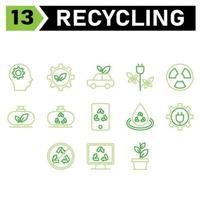 conjunto de ícones de ecologia e reciclagem inclui cabeça, engrenagem, meio Ambiente, ecologia, reciclar, folha, sustentável, carro, desperdício, veículo, energia, elétrico, reator, nuclear, poder, indústria, tanque, Eco, dispositivo, Gadget vetor