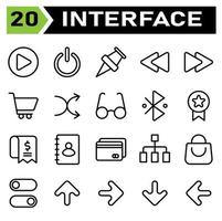 o conjunto de ícones da interface do usuário inclui reproduzir, botão, círculo, iniciar, interface, energia, ligar, escritório de energia, alfinete, alfinete, localização, mapa, interface do usuário, rebobinar, retroceder, seta para a esquerda, rebobinar para trás vetor