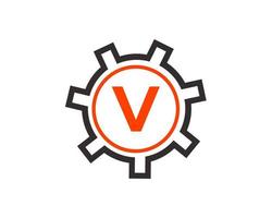 modelo de design de logotipo de engrenagem de letra inicial v. logotipo do engenheiro de engrenagens vetor