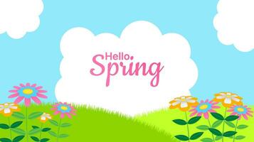 Olá banner de primavera com flores planas e ilustração de folhas. design de plano de fundo sazonal vetor