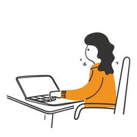 mulher de rabiscos desenhados à mão trabalhando na ilustração do laptop vetor