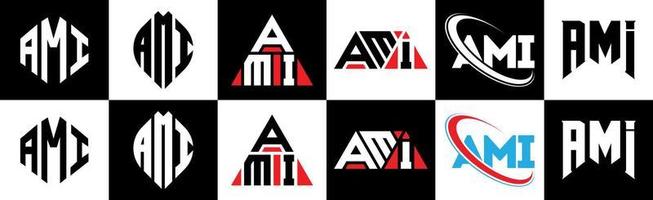 design de logotipo de carta ami em seis estilos. ami polígono, círculo, triângulo, hexágono, estilo plano e simples com logotipo de carta de variação de cor preto e branco definido em uma prancheta. ami logotipo minimalista e clássico vetor