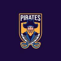 logotipo mascote cabeça pirata com duas espadas vetor