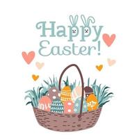 Feliz Páscoa. cesta cheia de ovos de páscoa e grama. ilustração vetorial. cartão de felicitações. feriado de primavera vetor