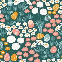 Páscoa e padrão floral sem costura - ovos pintados, flores, camomilas, ervas. fundo do vetor. perfeito para férias de primavera vetor