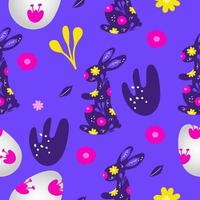 padrão de Páscoa sem costura com coelho, ovos e flores. bonito mão desenhada páscoa fundo doodle. vetor