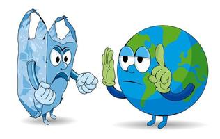 desenho animado do planeta Terra discutindo com um saco plástico descartável com raiva no fundo branco. imagem vetorial vetor