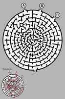 labirinto em forma circular formado por linhas concêntricas em preto e branco com três opções de entradas e uma saída, inclui a solução do labirinto