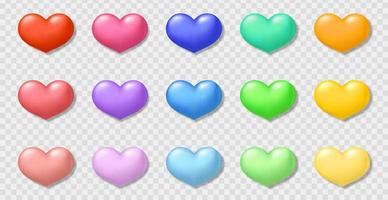 coleção de corações 3d coloridos bonitos isolados em fundo transparente. vetor