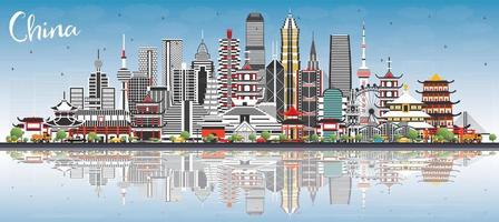 horizonte da cidade da china com edifícios cinza, céu azul e reflexões. marcos famosos na china. vetor