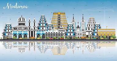 horizonte da cidade madurai índia com edifícios coloridos, céu azul e reflexões. vetor