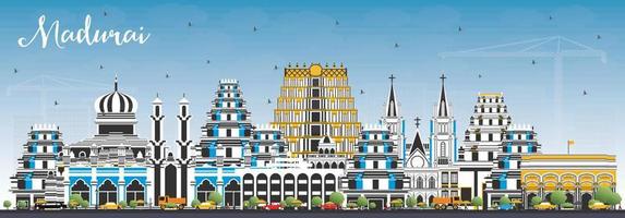 horizonte da cidade de madurai índia com edifícios coloridos e céu azul. vetor