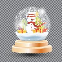 bola de cristal mágica de natal com boneco de neve, caixas de presente e abeto. vetor