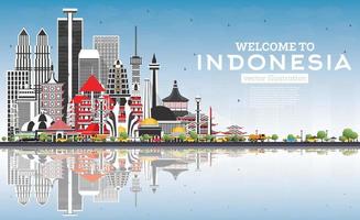 bem-vindo ao horizonte da indonésia com edifícios cinza, céu azul e reflexões. vetor