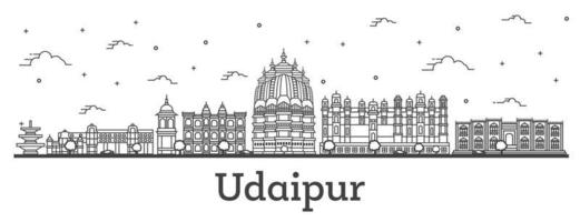 delineie o horizonte da cidade de udaipur índia com edifícios históricos isolados em branco. vetor