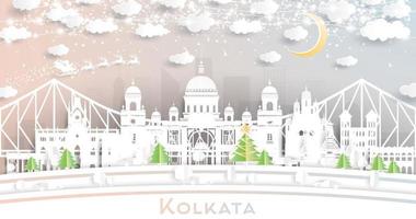 kolkata calcutá índia horizonte da cidade em estilo de corte de papel com flocos de neve, lua e guirlanda de néon. vetor
