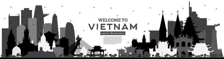 bem-vindo à silhueta do horizonte do vietnã com edifícios pretos isolados no branco. vetor