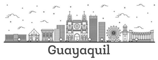 delineie o horizonte da cidade de guayaquil equador com edifícios históricos isolados no branco. vetor