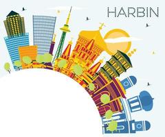 horizonte da cidade de harbin china com edifícios coloridos, céu azul e espaço para texto. vetor