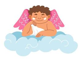 anjo de criança com asas sentado na nuvem no paraíso vetor