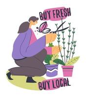 comprar produtos frescos e locais, floricultura vetor