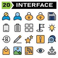 conjunto de ícones da interface do usuário inclui bloco, usuário, avatar, interface do usuário, cadeado, trava, proteção, desbloquear, salvar, dirigir, disquete, vazio, baixo, bateria, completo, menu, app, bandeira, bandeiras, alfinete vetor