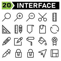 conjunto de ícones de interface web incluem pesquisa, aplicativo web, vidro, lupa, zoom, fora, pelúcia, dentro, menos, cortar, tesoura, interface, régua, medida, ferramenta, escola, lápis, marcador, essencial, objeto, recarregar vetor