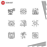 pacote de 9 sinais e símbolos de contornos modernos para mídia impressa na web, como elementos de design de vetores editáveis de grupo de cozinha de pessoas de tabuleiro