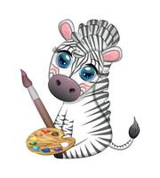 pintor de zebra com paleta de tinta e pincel. profissão, hobby, personagem infantil vetor