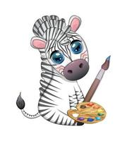 pintor de zebra com paleta de tinta e pincel. profissão, hobby, personagem infantil vetor