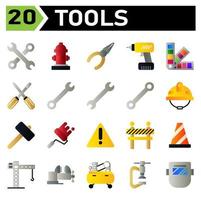 conjunto de ícones de construção de ferramentas inclui chave inglesa, ferramentas, chave inglesa, contração, equipamento, hidrante, água, hidrante, fogo, alicate, carpinteiro, faz-tudo, técnico, broca, ferramenta, pan tone, cor, tinta vetor