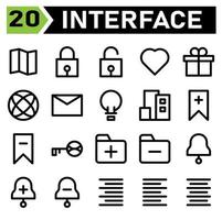 o conjunto de ícones da interface do usuário inclui mapa, localização, guia, direção, interface do usuário, bloqueio, proteger, segurança, cadeado, desbloquear, amor, lareira, favorito, casamento, presente, presente, caixa, aniversário vetor