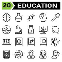o conjunto de ícones de educação inclui cérebro, mente, neurônio, inteligência, ciência, vidraria, copo, laboratório, educação, genético, gene, cabeça, android, robô, ideia, conta-gotas, pipeta ciência, bactérias vetor