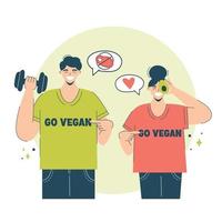 casal feliz escolhe veganismo e vegetais. conceito de dieta vegetariana casal feliz em camisetas torna-se vegano incentiva outras pessoas a escolherem o vegetarianismo vetor