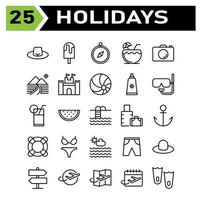 conjunto de ícones de férias inclui chapéu, moda, praia, boné, feriado, viagem, sorvete, sobremesa, frio, navegação, bússola, direção, localização, coco, bebida, suco, bebida, câmera, foto, fotografia vetor