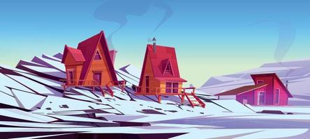 paisagem de montanha de inverno com casas de chalé vetor
