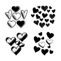 mão desenhada coração corações amor dia dos namorados rabiscos rabiscos linha preta esboço conjunto de ícones ilustração vetorial vetor