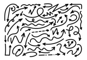 seta desenhada de mão setas direção ponteiro linhas de cursor rabisco rabisco arte de linha preta conjunto de esboços ilustração vetorial vetor