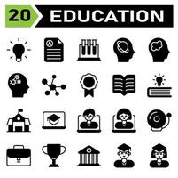 conjunto de ícones de educação incluem lâmpada, ideia, luz, gênio, luminária, educação, documento, relacionamento, pontuação, ciência, tubo, teste, biologia, pesquisa, inteligência, artificial, cabeça, planeta, astronomia, cérebro, mente vetor