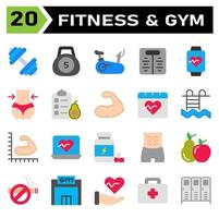 conjunto de ícones saudável e fitness inclui peso, academia, equipamento, treino, bicicleta, balança, inteligente, assistir, dispositivo, lareira, dieta, corpo, cintura, abacate, comida, lista de verificação, frutas, fisiculturista, músculo, calendário vetor