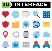 o conjunto de ícones da interface do usuário inclui amor, coração, favorito, como, interface do usuário, relógio, tempo, hora, cronômetro, filme, filme, vídeo, jogar, multimídia, encontrar, pesquisa, zoom, calendário, data, programação, escudo vetor