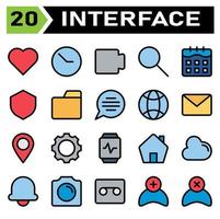 o conjunto de ícones da interface do usuário inclui amor, coração, favorito, como, interface do usuário, relógio, tempo, hora, cronômetro, filme, filme, vídeo, jogar, multimídia, encontrar, pesquisa, zoom, calendário, data, programação, escudo vetor