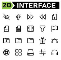 o conjunto de ícones da interface do usuário inclui face book, mídia social, interface do usuário, rápido, avançar, setas, rebobinar, arquivo, mais, adicionar, arquivos, menos, remover, texto, documento, filme, filme, vídeo, filtro, funil, classificar vetor