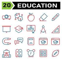 conjunto de ícones de educação incluem projetor, projeção, apresentação, educação, fórmula, estudo, ciência, escola, maçã, fruta, frutas, apagar, apagador, remover, lápis, escrever, editar, desenhar, tela, placa vetor