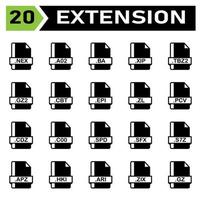 conjunto de ícones de extensão de arquivo inclui arquivo, documento, extensão, ícone, tipo, conjunto, formato, vetor, símbolo, design, gráfico, software, placa, aplicativo, imagem, rótulo, nex, a02, ba, xip, tbz2, gz2, cbt , epi vetor