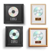 vetor de conjunto de prêmios de disco cd. cerimônia moderna. mais vendidos. troféu musical. quadro realista, disco de álbum, parede de tijolos. ilustração