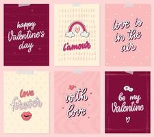conjunto de 6 cartões de dia dos namorados, pôsteres, estampas, convites decorados com citações de letras e rabiscos. eps 10 vetor