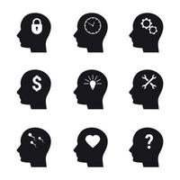 conjunto de ícones pretos isolados em um cérebro de cabeça de tema vetor
