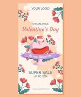 design de modelo de banner de super venda vertical do dia dos namorados. ilustração do conceito de garrafa de poção de amor com flores vermelhas atrás dele com fita em pano de fundo bege. compras on-line de conceito de preço especial vetor